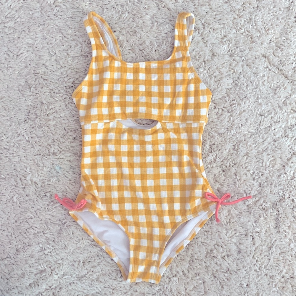 Girls Yellow Gingham One Piece Swimsuit